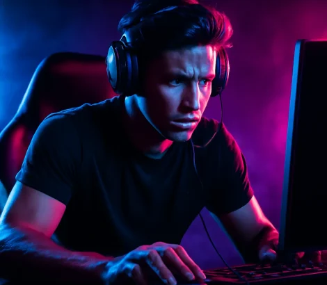 Futuristic esports energy, intense competitive mood, dramatic neon-rim