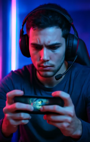 real photo of a focused gamer playing competitive