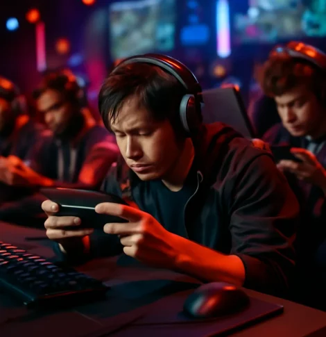 real photo of a mobile gaming setup with
