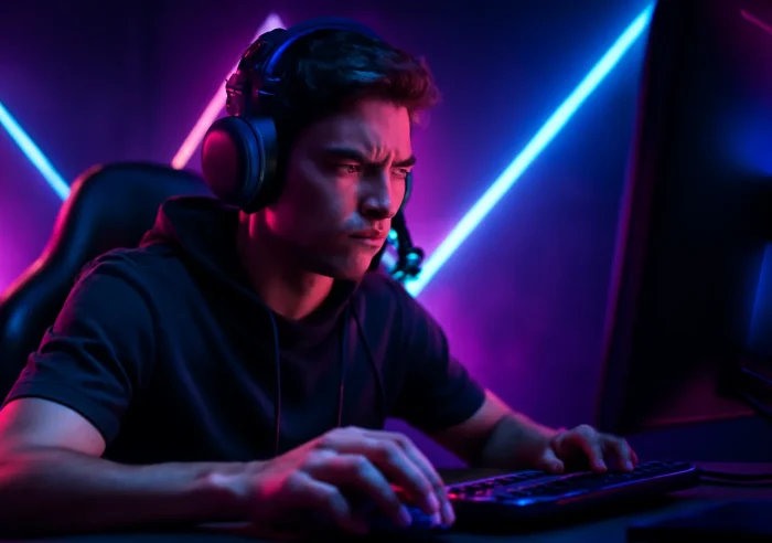 Futuristic esports energy, intense competitive mood, dramatic neon-rim